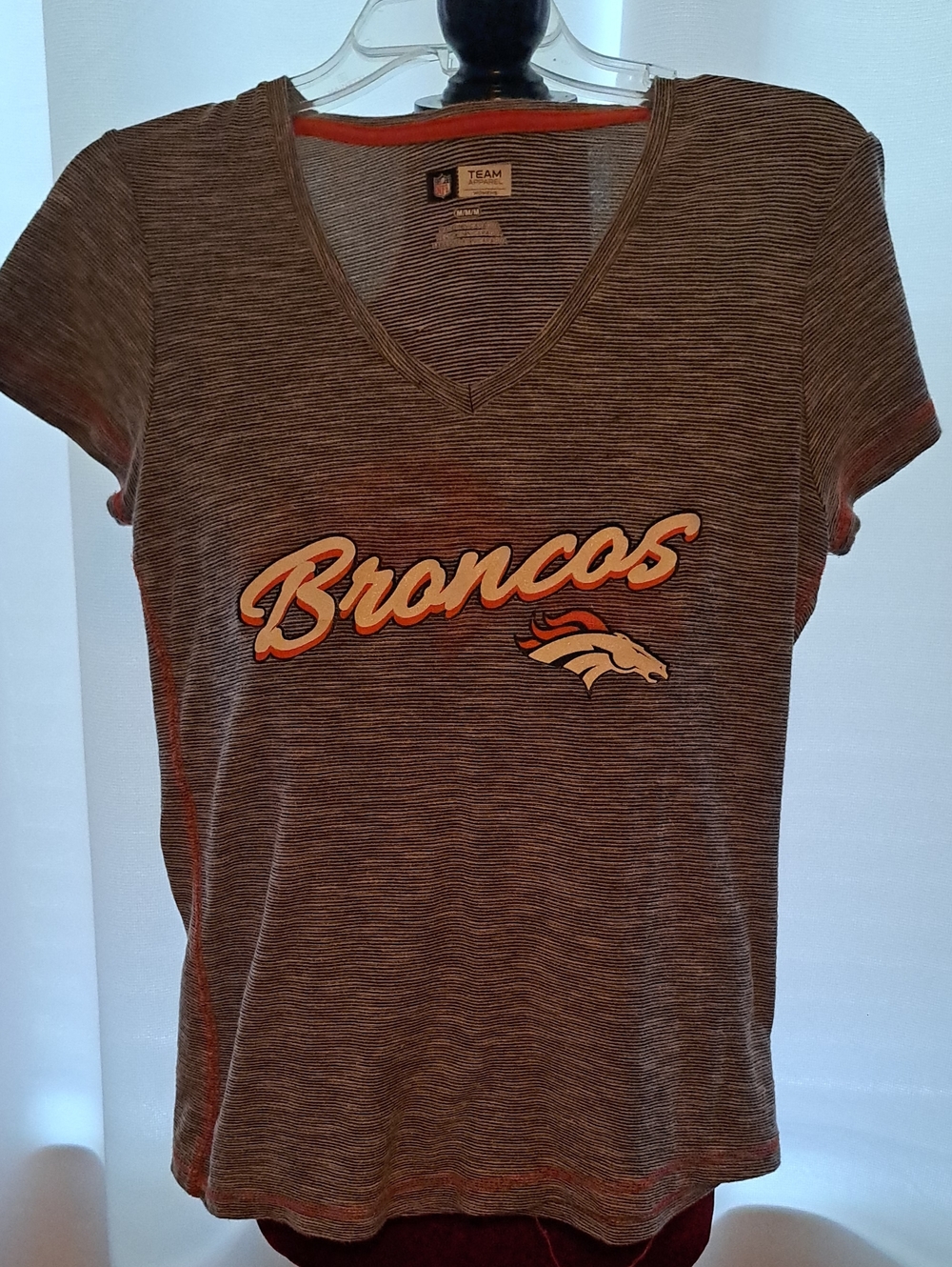 NFL Broncos Women's Heather Gray V-Neck Tee with Orange Accents